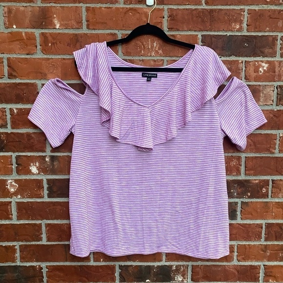 Lane Bryant 18/20 Cold Shoulder Pink Stripe Ruffle Vneck Short Sleeve Casual Top - Picture 1 of 8